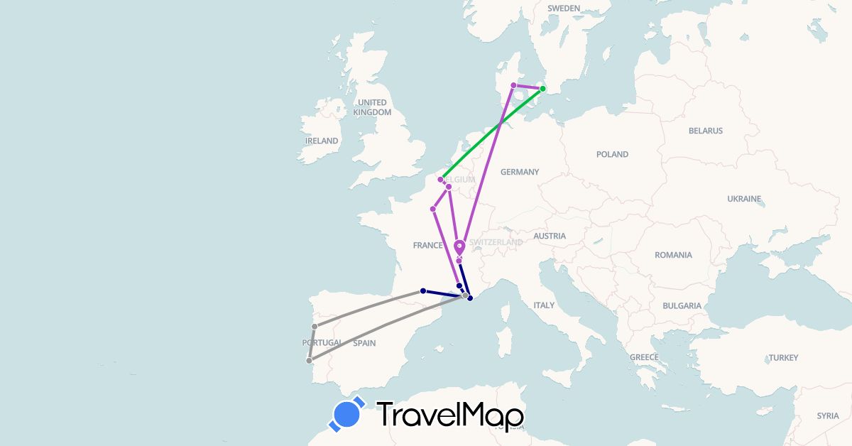 TravelMap itinerary: driving, bus, plane, train in Denmark, France, Portugal (Europe)
